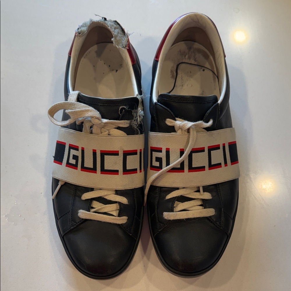 Gucci Black and Cream Logo Strap Sneakers